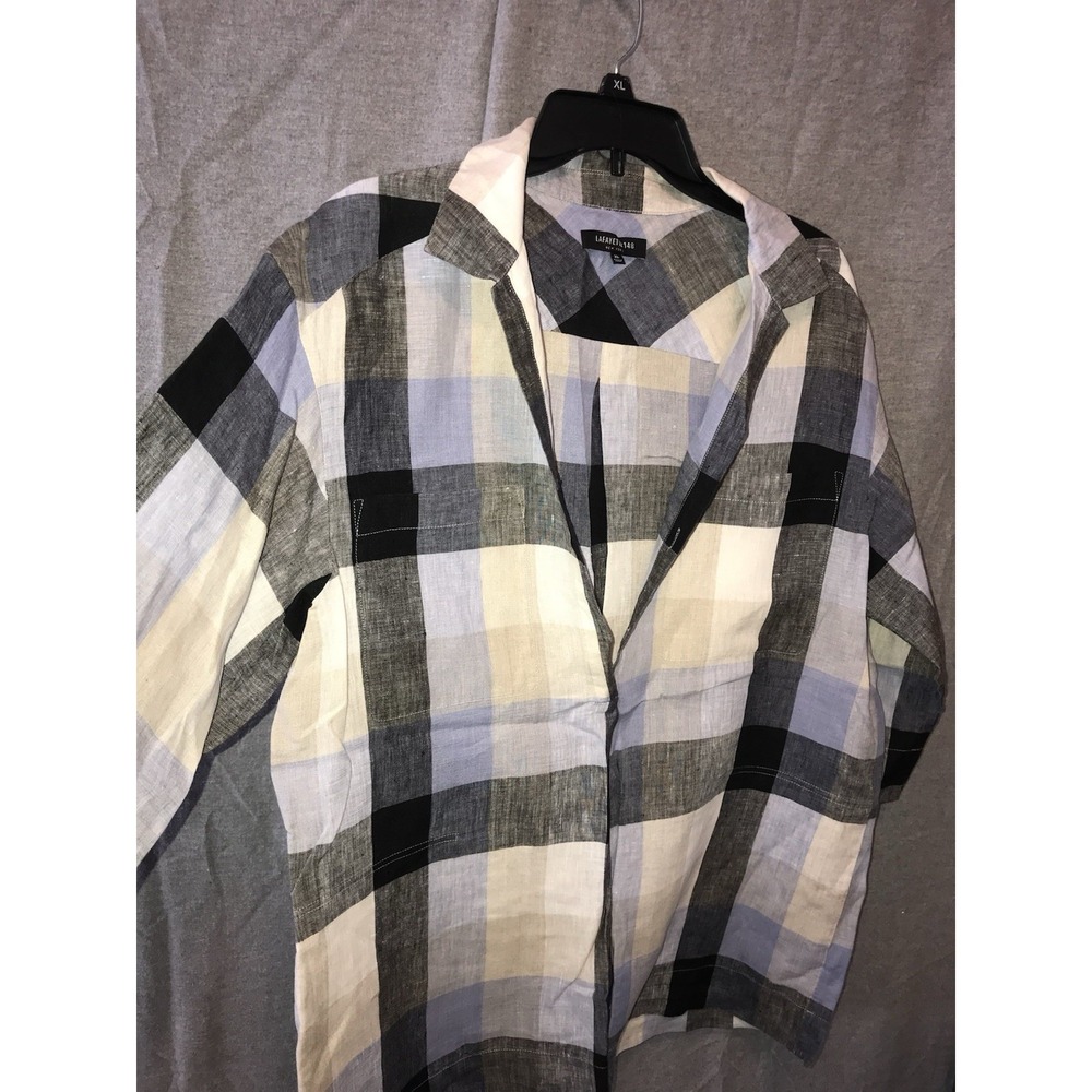 Lafayette 148 Yohanna 100% Linen Shirt Women's XL Plaid Popover Top Pockets